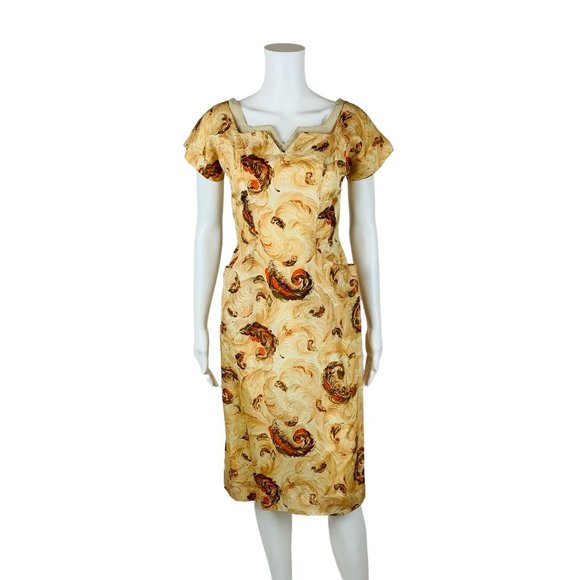 Vintage 1950s Novelty Print Dress Brown Feathers V Neck Wiggle Pin Up | W 25" - Picture 12 of 14